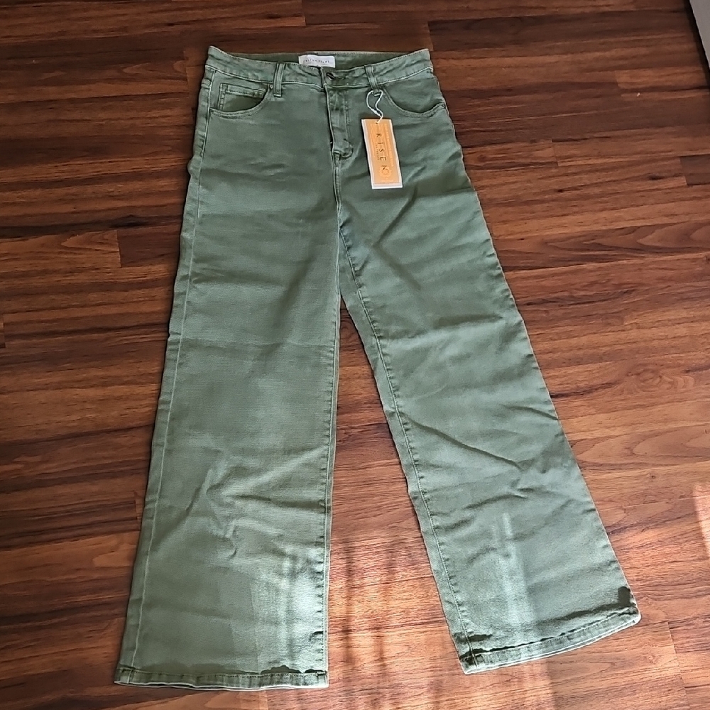 High-Rise Green Wide-Leg Flare Jeans
